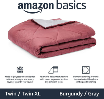 Amazon Basics Reversible Lightweight Microfiber All Season Comforter Blanket, Twin/Twin XL, Burgundy/Grey