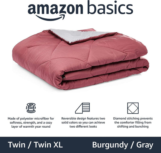 Amazon Basics Reversible Lightweight Microfiber All Season Comforter Blanket, Twin/Twin XL, Burgundy/Grey