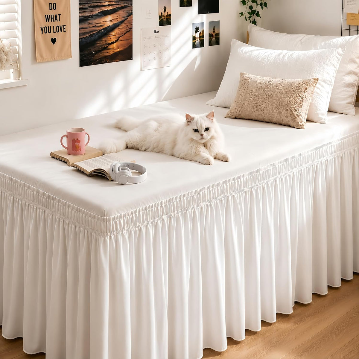 White Twin XL College Dorm Bed Skirt 32" Drop, Elastic Wrap Dust Ruffle