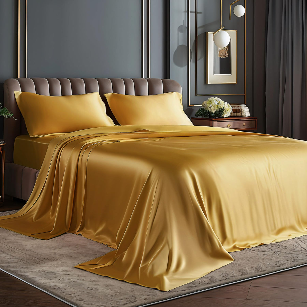 BEDELITE Satin Sheets Queen Size Bed Set, Black, 4 Pieces