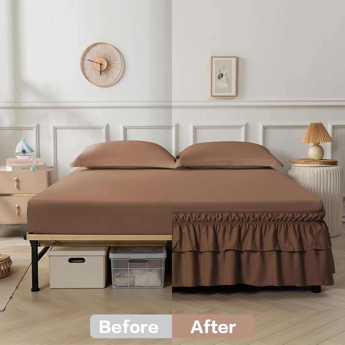 Double-Layered Ruffled Bed Skirt,Brown,Full/Queen, 14" Drop