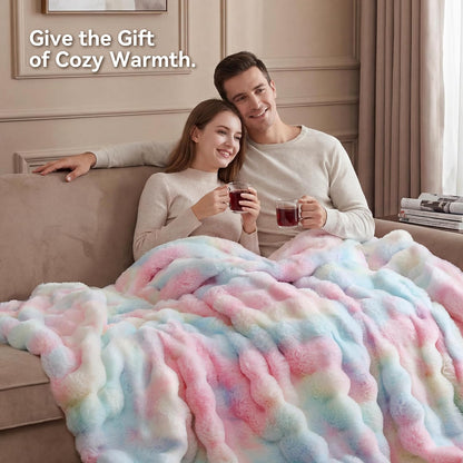 Smoofy Faux Rabbit Fur Throw for Couch - Rainbow Bubble Blanket 50"x60"