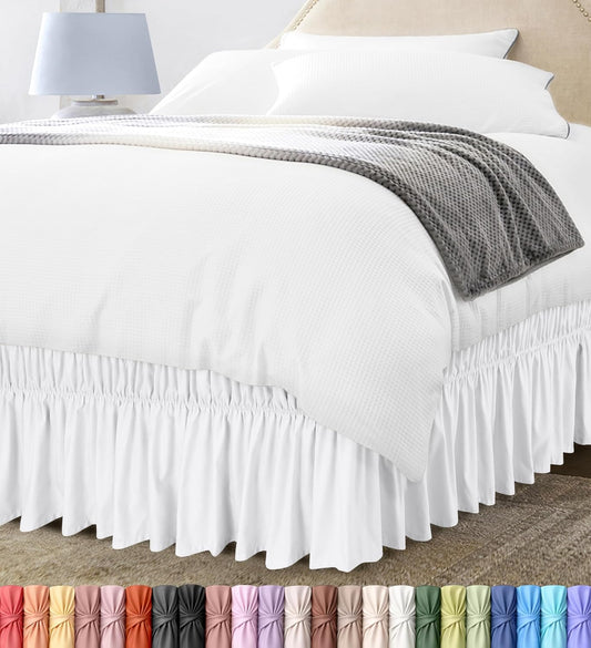 Wrap Around Queen Bed Skirt, Easy Fit Elastic Belt, 16 Inch Drop, White