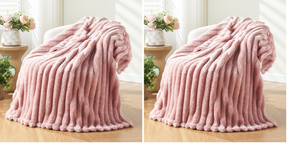NEWCOSPLAY Fleece Ribbed Cozy Throw Blanket for Couch, Pink, 50"x60"