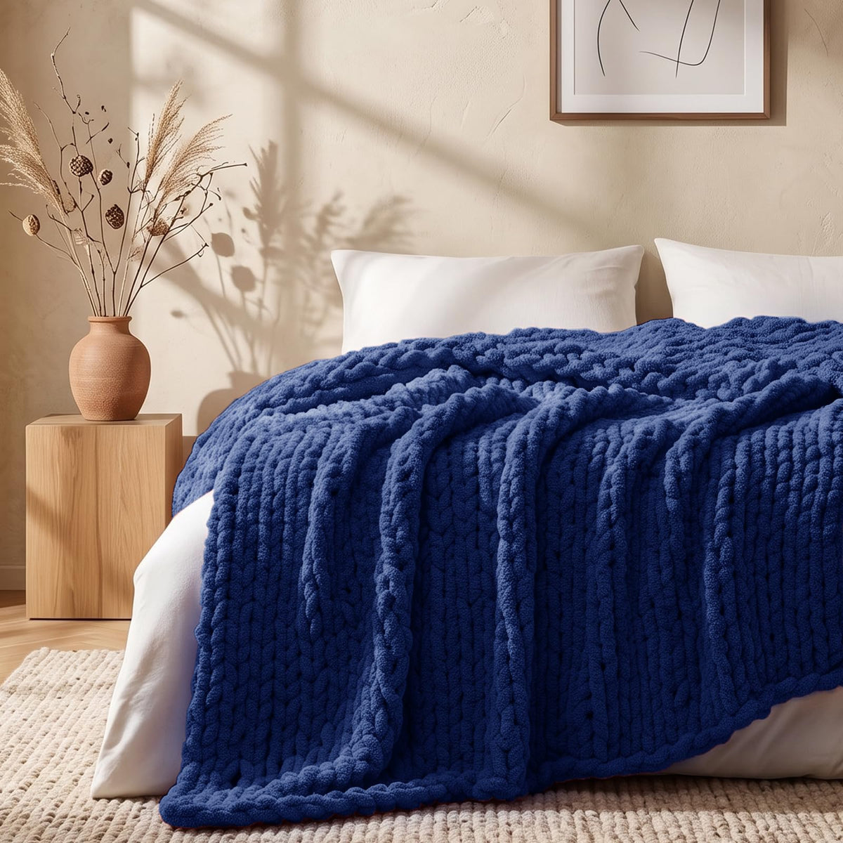L'AGRATY Chunky Knit Throw Blanket for Couch, 50'' x 60'' Knit Throw, Ivory