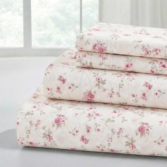 Modern Threads 4-Piece Ultra Soft Microfiber Bed Sheets Set, Wrinkle Free Sheets with Deep Pockets Fitted Sheet, Flat Sheet & Pillowcases, Lightweight Breathable Bedding, Floral Rose, Queen