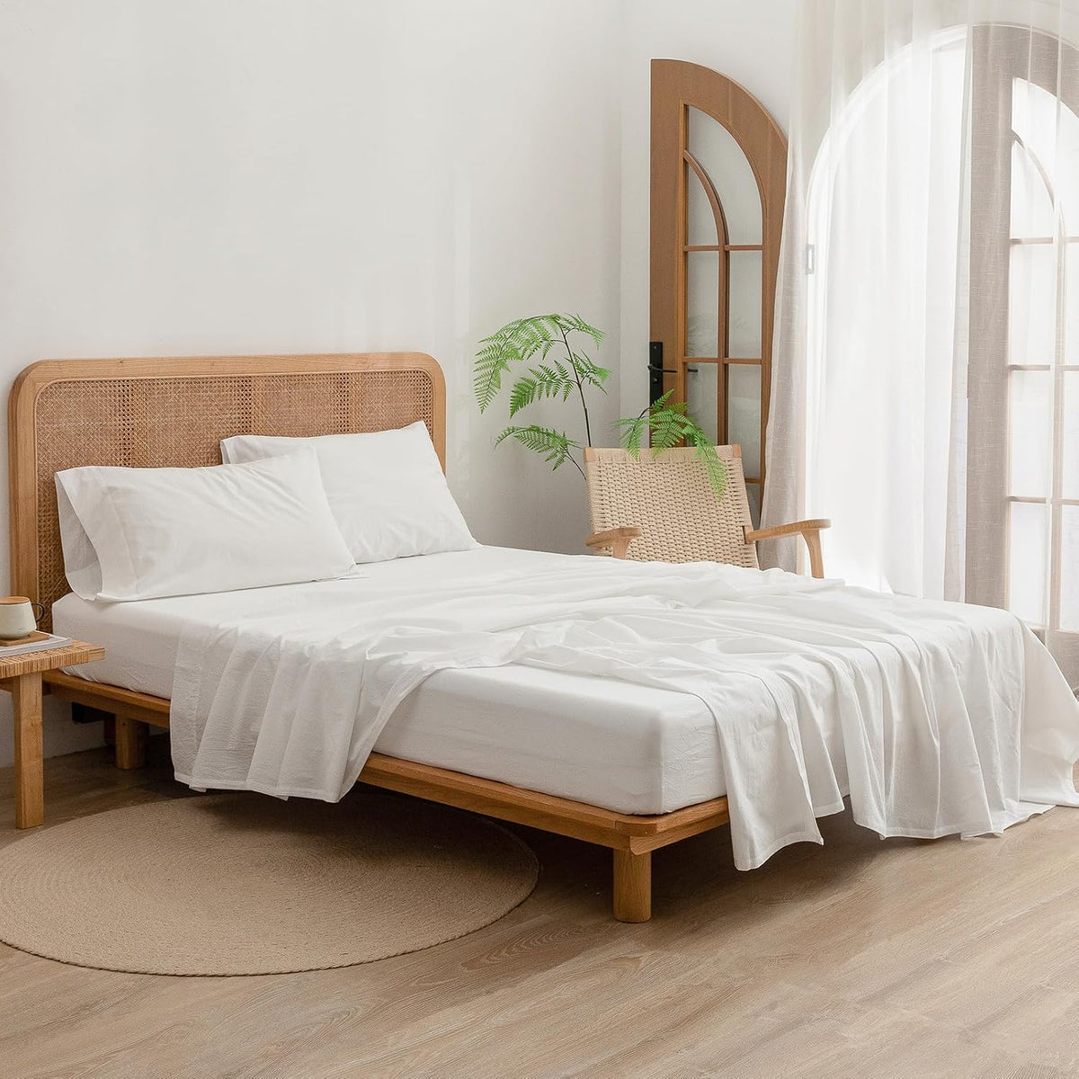 BESTOUCH Queen Flat Sheet 100% Washed Cotton Linen Feel Off White