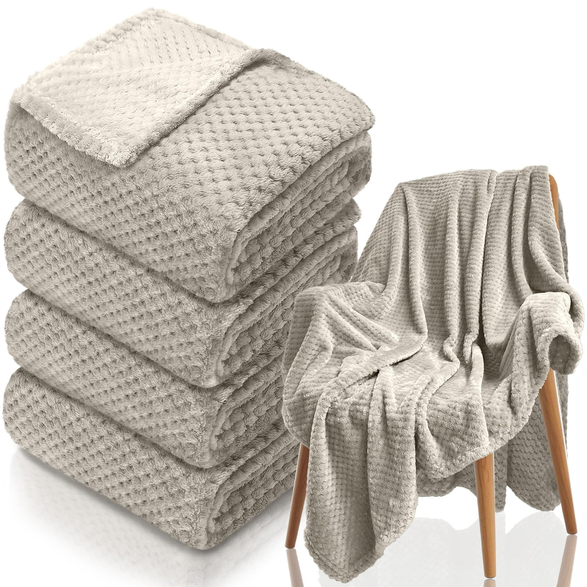 4 Pack Fleece Throw Blankets 50x60 Inches - 270 GSM Ultra Soft Plush Flannel for Bed Couch Sofa, Lightweight Warm 3D Waffle Texture, No Shedding No Pilling All Season Throw (Gray)