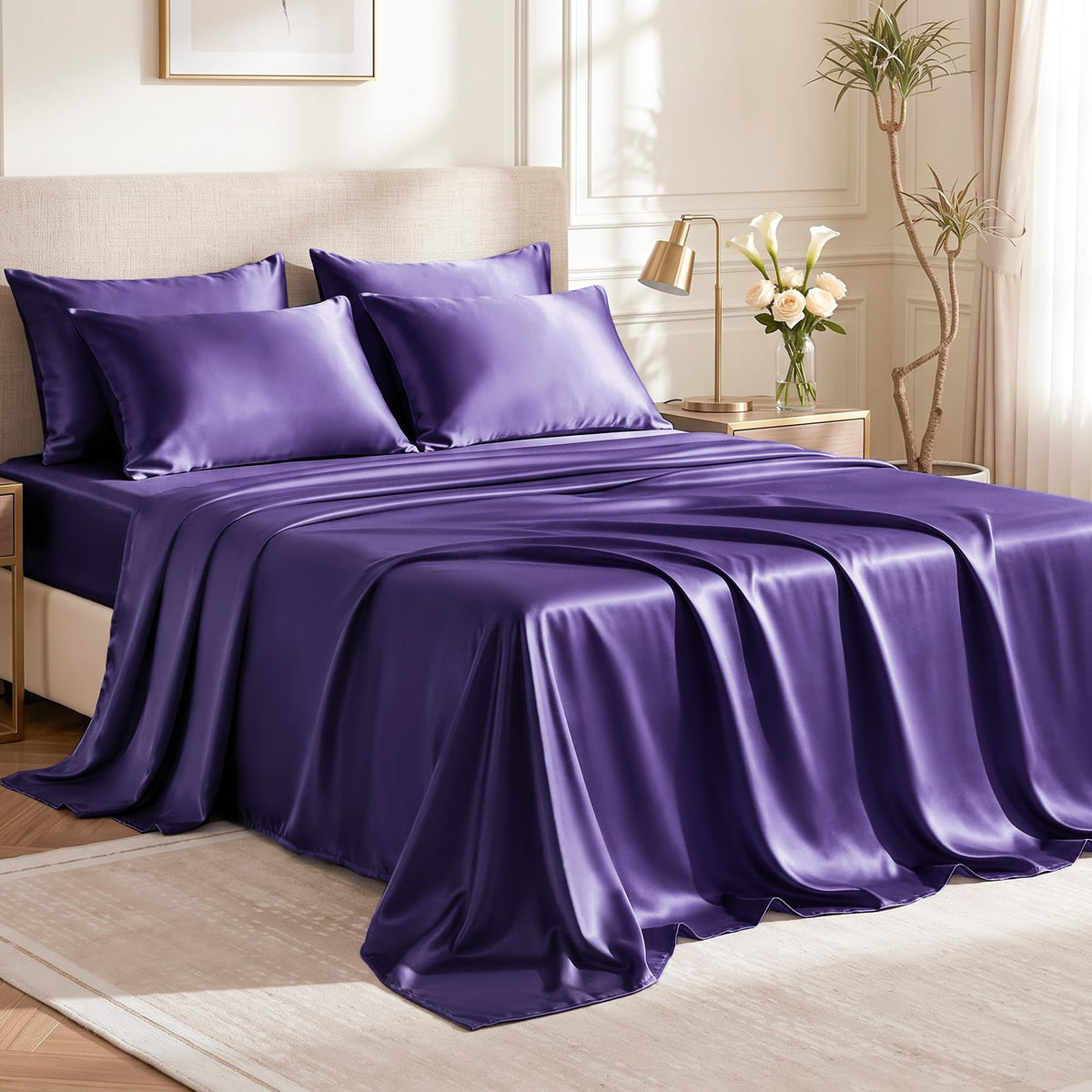 Love's cabin Satin Queen Sheets Set, 4 Pieces, Pink, 15" Deep Pocket