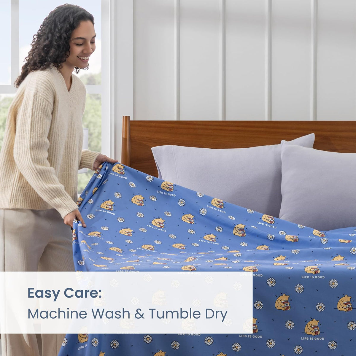 Berkshire LIG® King Flat Sheet (Only), Brushed Microfiber Sheet with Cute Cartoon Characters, Soft, Breathable, Easy-Care Bedding for LIG Fans, Spring Hunny Small Cornflower Blue