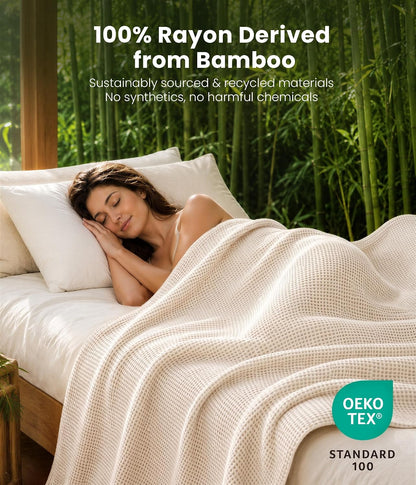 MURT 100% Bamboo Rayon Waffle Weave Twin Blanket for Bed, Cream, 60x80 Inch