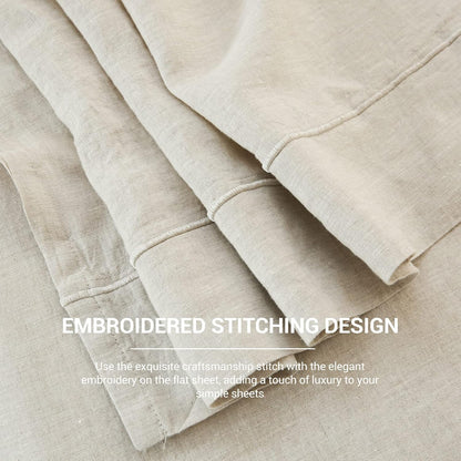 Simple&Opulence French Linen Flat Sheet with Embroidered Border-100% Stone Washed Flax Bedding,King Size(108''x102'') Ultra Soft,Breathable Flat Top Sheet-1 Piece Bed Flat Sheet Only(Linen)