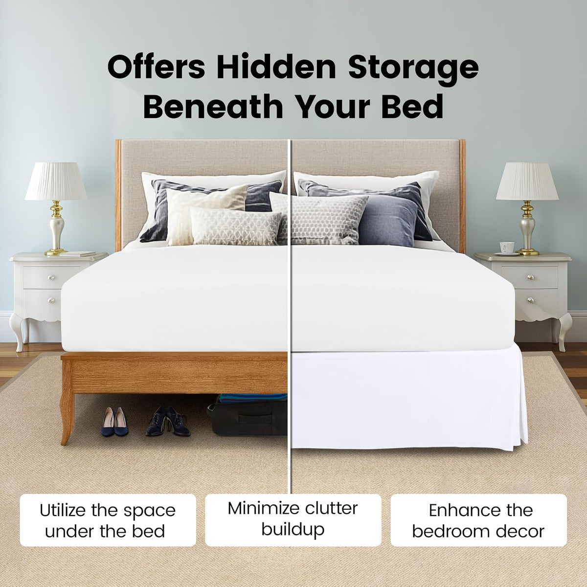 King Size Pleated Bed Skirt, Hides Under-Bed Storage 16 Inch Drop, White