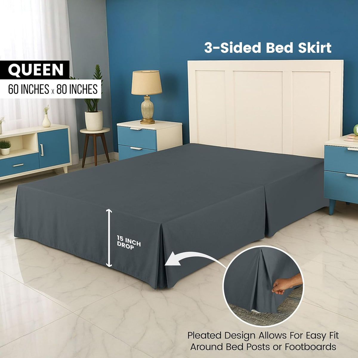Queen Size Pleated Bed Skirt, Hides Under-Bed Storage 16 Inch Drop, Grey