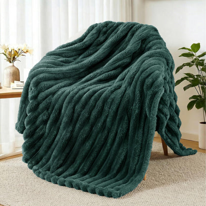 Exclusivo Mezcla Striped Fleece Throw Blanket for Couch, Sofa, Navy Blue