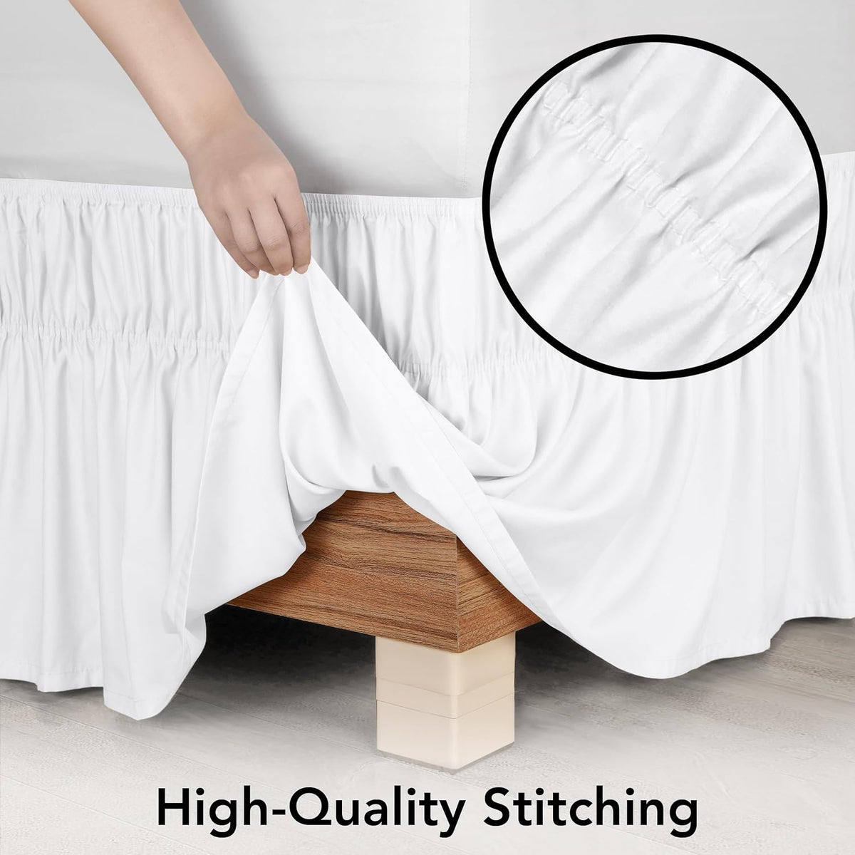 Wrap Around Queen Bed Skirt, Easy Fit Elastic Belt, 16 Inch Drop, White