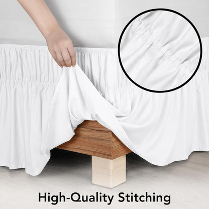 Wrap Around Queen Bed Skirt, Easy Fit Elastic Belt, 16 Inch Drop, White