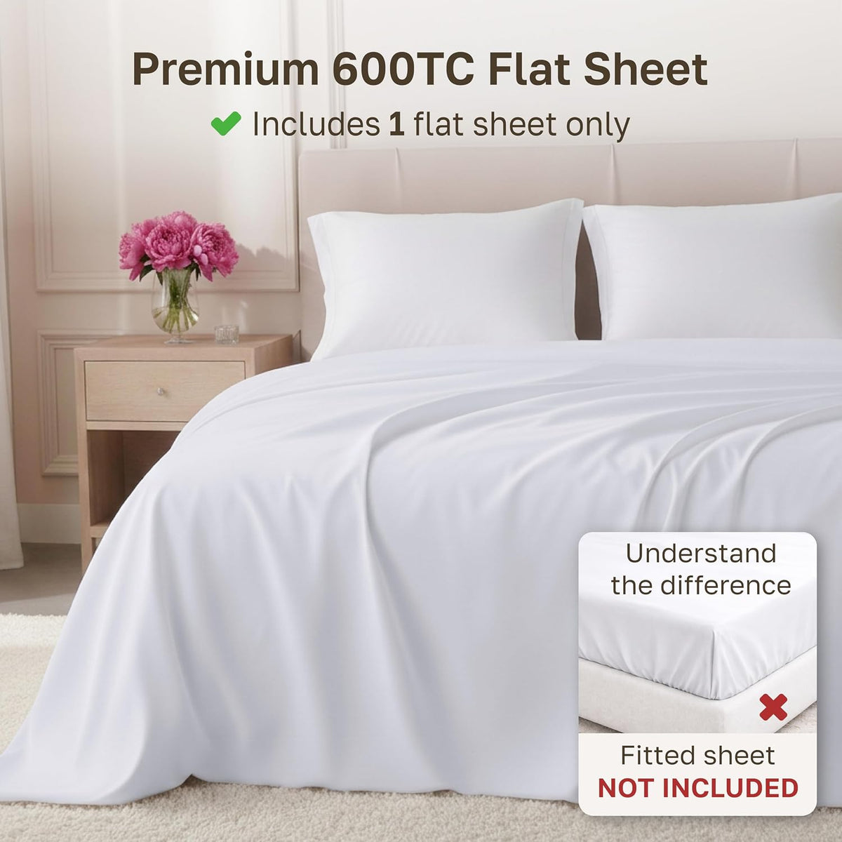 California Design Den 600 Thread Count Queen Flat Sheet, Bright White