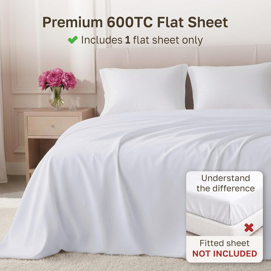 California Design Den 600 Thread Count Queen Flat Sheet, Bright White