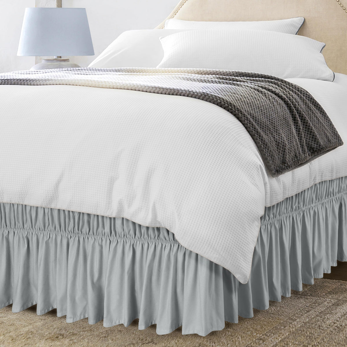 Wrap Around Queen Bed Skirt, Easy Fit Elastic Belt, 16 Inch Drop, White