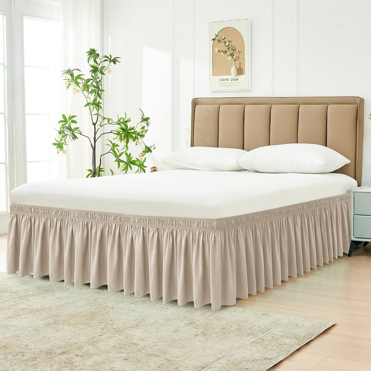 Wrap Around Queen Size Bed Skirt 15" Drop-Elastic Dust Ruffle Light Camel