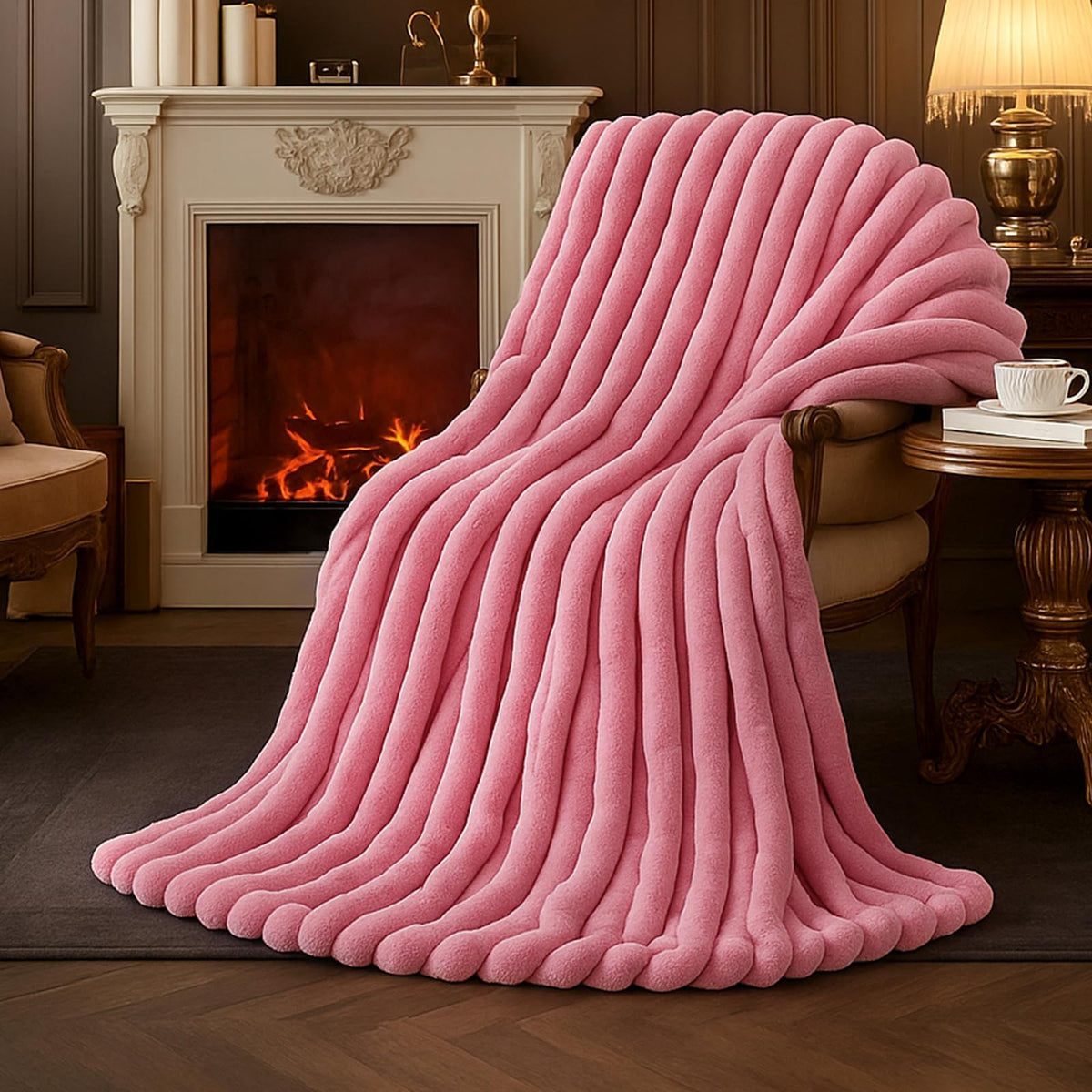 Amélie Home Soft Striped Faux Fur Throw Blanket for Couch, Beige, 55"x70"