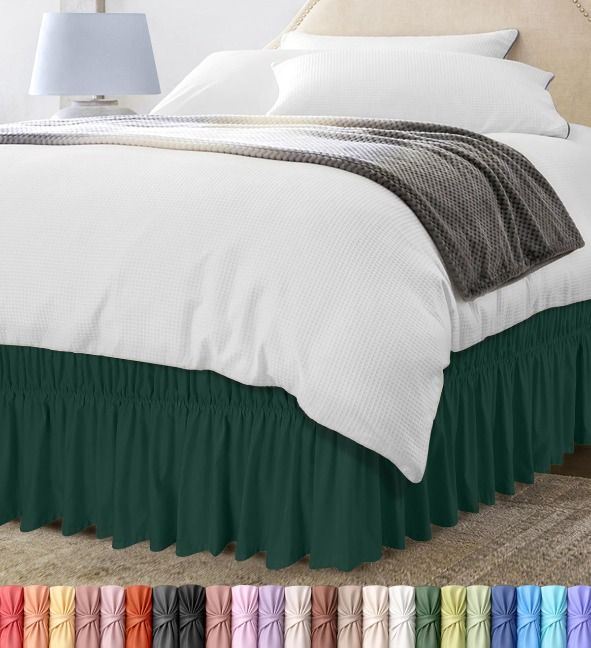 Wrap Around Queen Bed Skirt, Easy Fit Elastic Belt, 16 Inch Drop, White