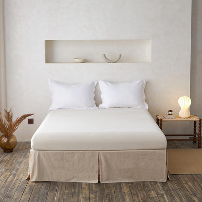 BISELINA French Linen Wrap Around Bed Skirt with Pleated Corner 14-Inch Tailored Drop Natural Flax Cotton Blend Basic Soft Cozy (14" Queen, Linen)