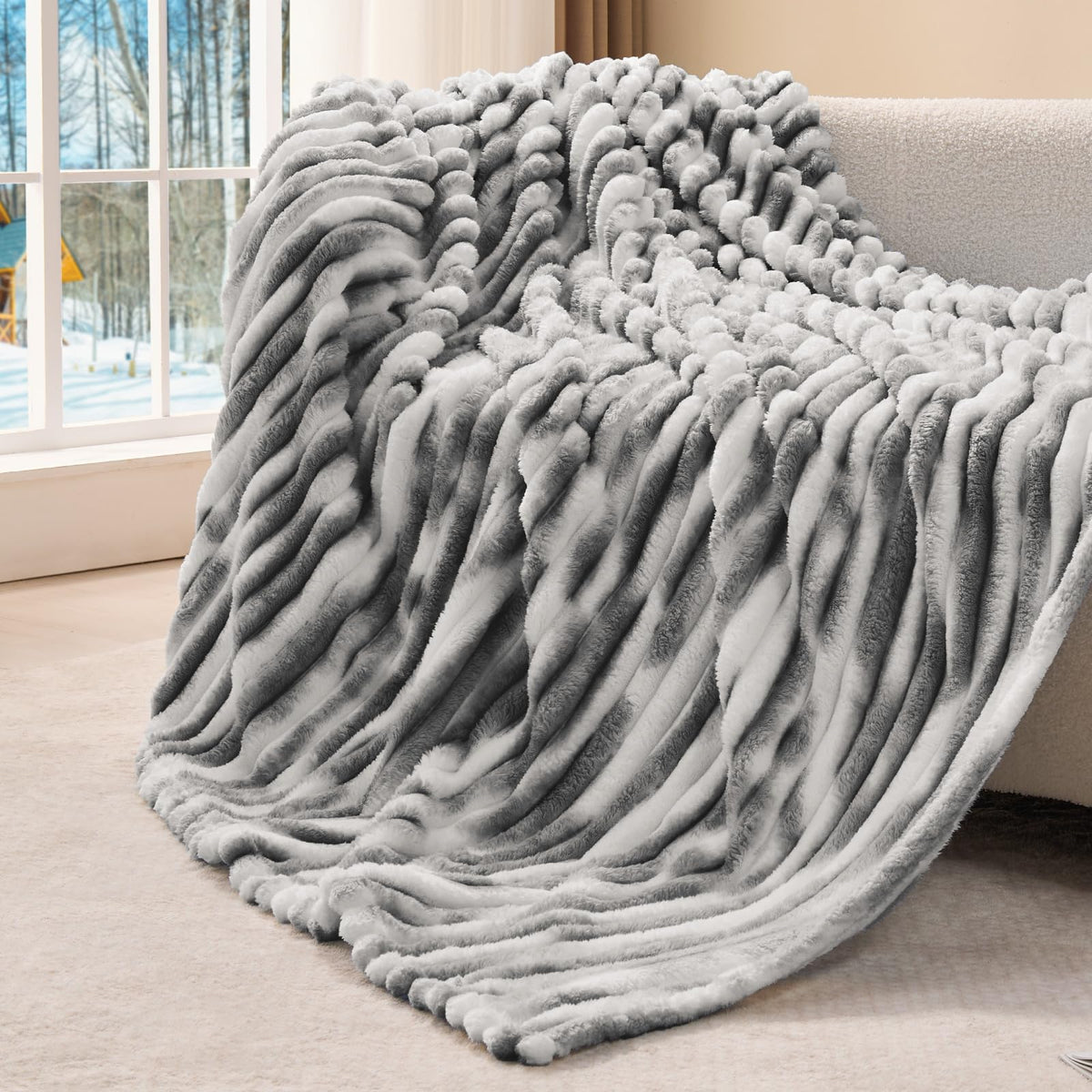 BEDELITE Ribbed Fleece Throw Blanket for Couch, Cream, 50"x60"