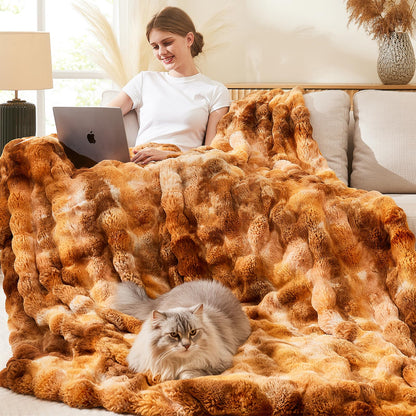 L'AGRATY Faux Rabbit Fur Throw Blanket for Couch, 50'' x 60'', Cocoa Brown