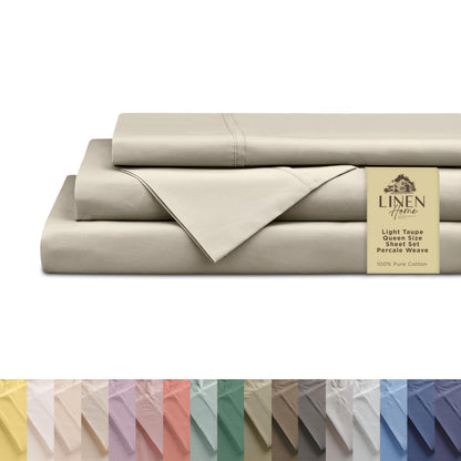 Linen Home 100% Cotton Percale Sheets Queen Size 4 Pc Cooling Set - White