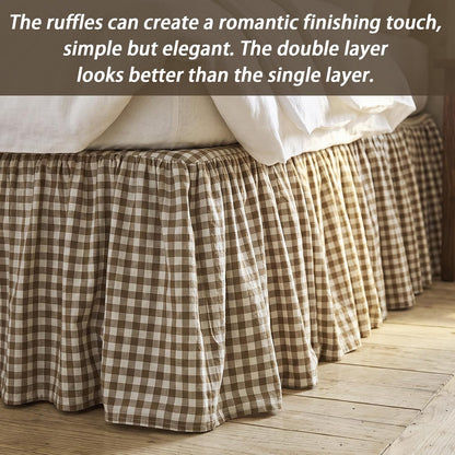 Taupe Gingham Bed Skirt Queen Size 16" Drop Pleated
