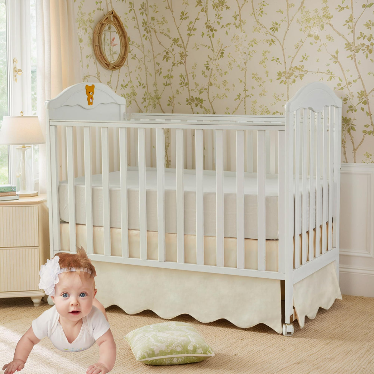 Brandream Scallop Edge Organic Cotton Crib Skirt, Baby Boy, Baby Girl, Gender Neutral Crib Skirt Toddler Bedskirt Farmhouse Chic Nursery Crib Bed Skirt, Boho Bohemian Solid Beige Skirt