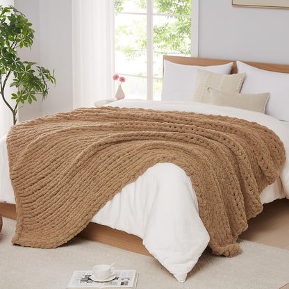 L'AGRATY Chunky Knit Throw Blanket for Couch, 50'' x 60'' Knit Throw, Ivory
