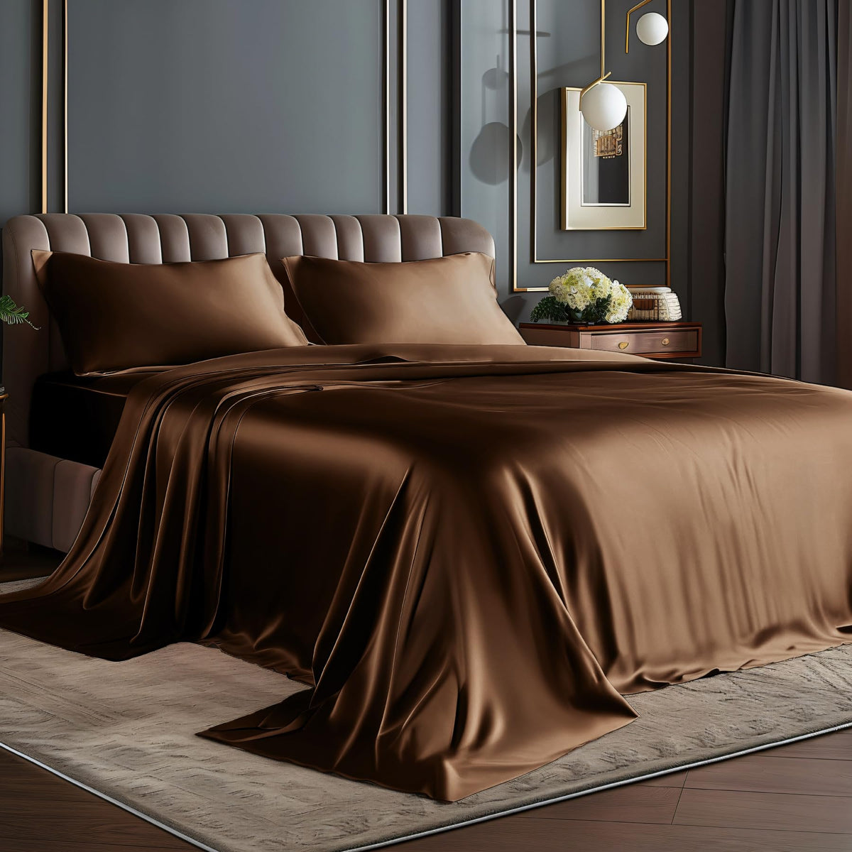 BEDELITE Satin Sheets Queen Size Bed Set, Black, 4 Pieces