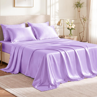 Love's cabin Satin Queen Sheets Set, 4 Pieces, Pink, 15" Deep Pocket