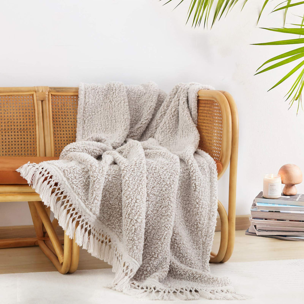 Ultra Soft Fleece Sherpa Blanket King Size,Lightweight Cozy Boho Bed Blanket with Decorative Tassel, Pattern Reversible, 2 Tones Ombre Light Brown,104”x90”