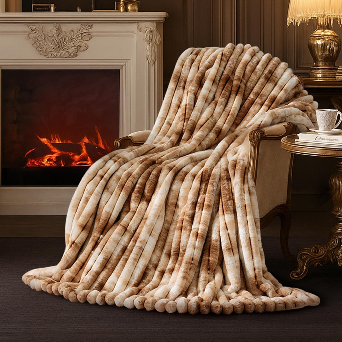 Amélie Home Soft Striped Faux Fur Throw Blanket for Couch, Beige, 55"x70"