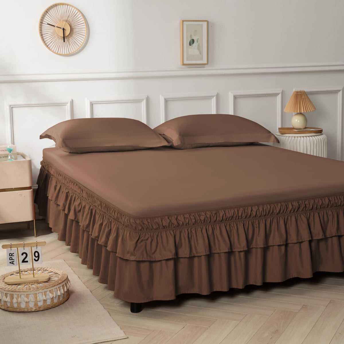 Double-Layered Ruffled Bed Skirt,Brown,Full/Queen, 14" Drop