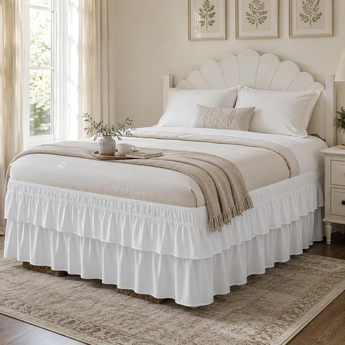 RIMELA Queen Size Ruffle Bed Skirt 16 Inch Drop - White Double Layered Wrap Around Dust Ruffle, Romantic Cute Design Bedskirt with High-Density Fabric, Soft Stretchy, Easy Install for Queen Bed