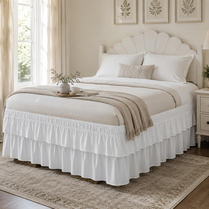 RIMELA Queen Size Ruffle Bed Skirt 16 Inch Drop - White Double Layered Wrap Around Dust Ruffle, Romantic Cute Design Bedskirt with High-Density Fabric, Soft Stretchy, Easy Install for Queen Bed