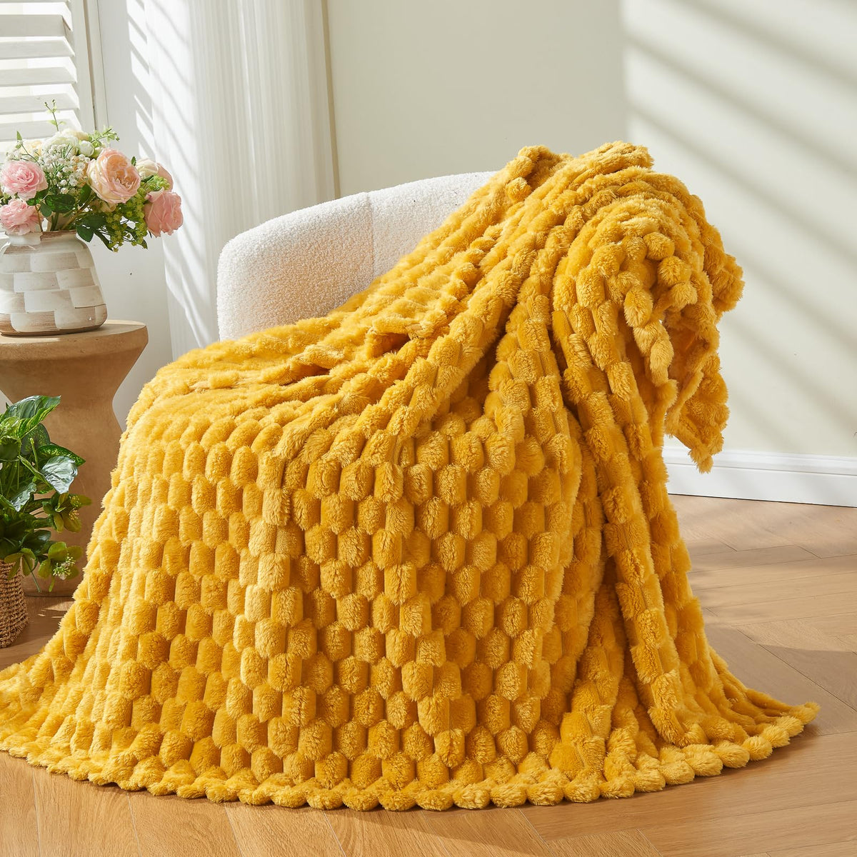 NEWCOSPLAY Fleece Ribbed Cozy Throw Blanket for Couch, Pink, 50"x60"