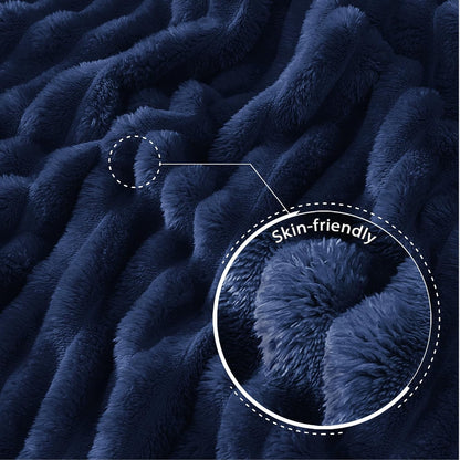 Exclusivo Mezcla Striped Fleece Throw Blanket for Couch, Sofa, Navy Blue