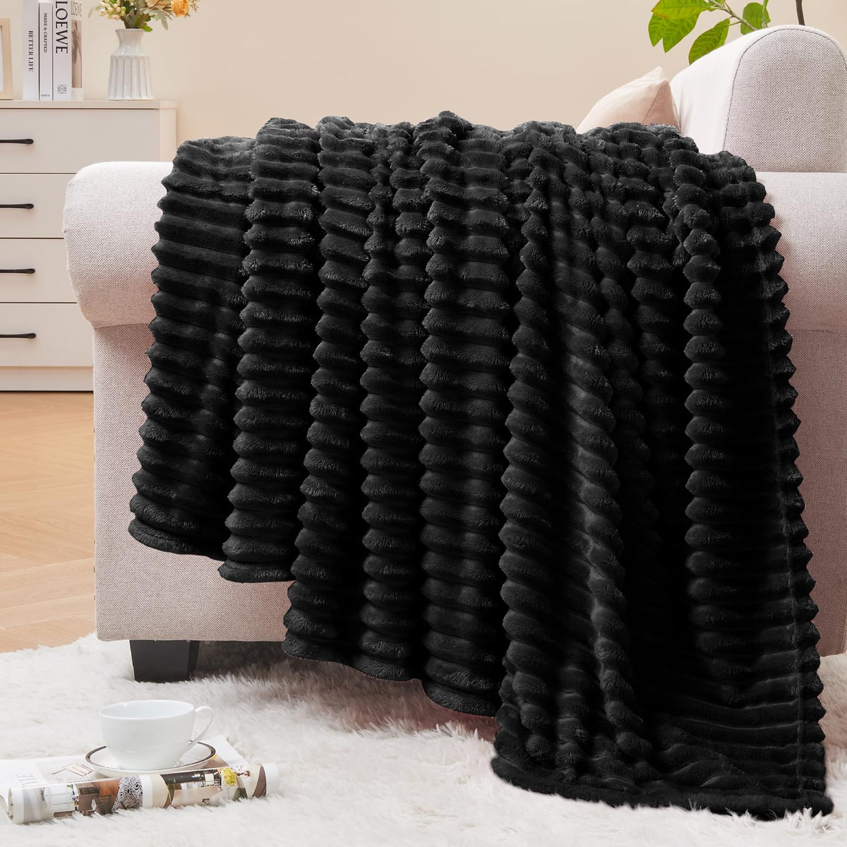 BEDELITE 3D Ribbed Jacquard Pink Fleece Throw Blanket for Couch, 50x60 Inch