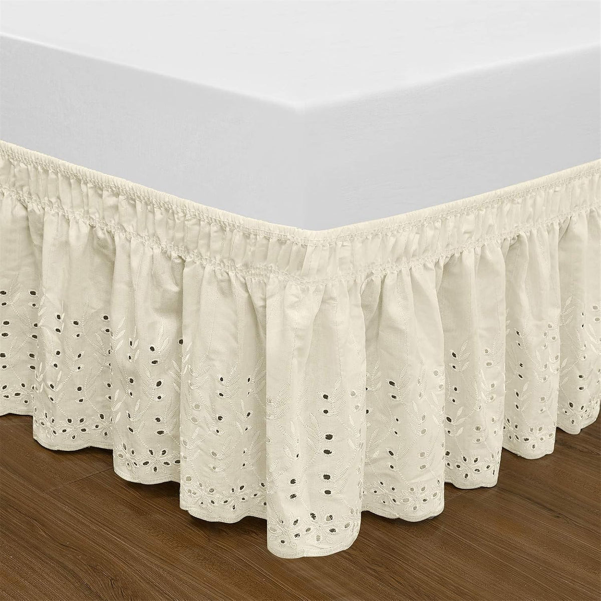 Wrap Around Elastic Eyelet Bed Skirt Dust Ruffle (Ivory, Twin/Full-18 Inch Drop)