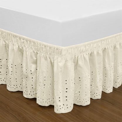 Wrap Around Elastic Eyelet Bed Skirt Dust Ruffle (Ivory, Twin/Full-18 Inch Drop)