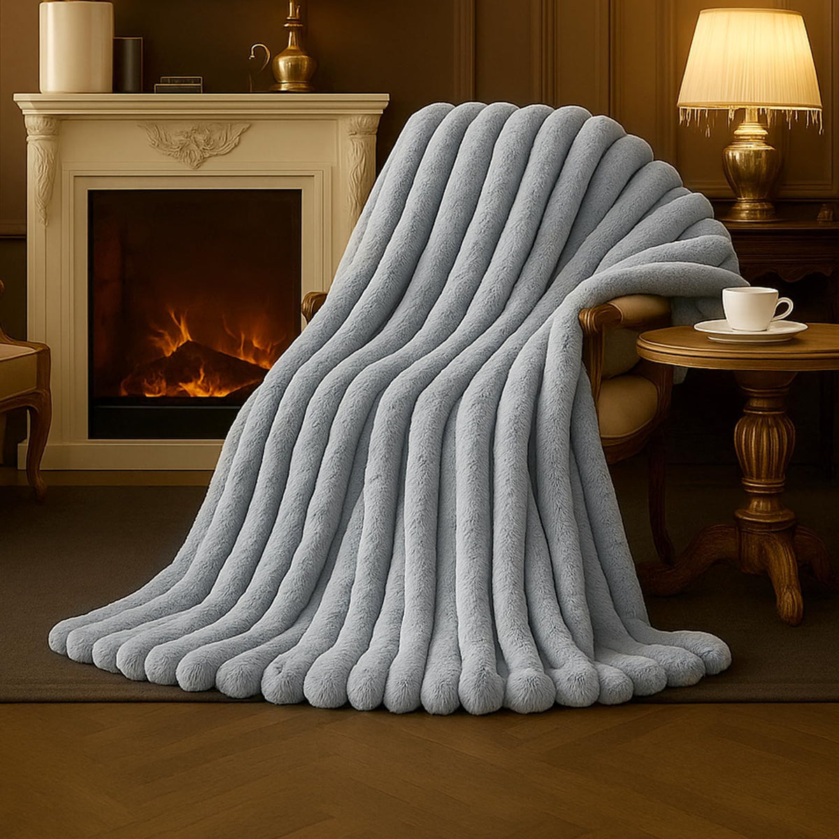 Amélie Home Soft Striped Faux Fur Throw Blanket for Couch, Beige, 55"x70"