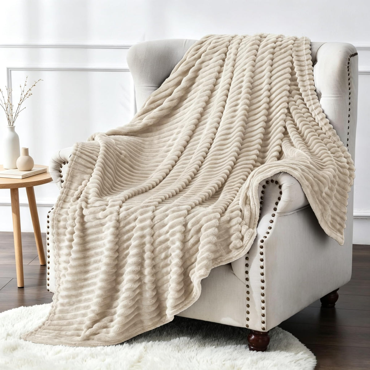 BEDELITE 3D Ribbed Jacquard Pink Fleece Throw Blanket for Couch, 50x60 Inch