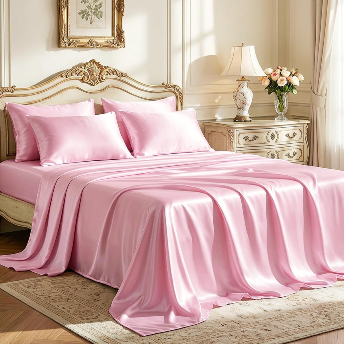 Love's cabin Satin Queen Sheets Set, 4 Pieces, Pink, 15" Deep Pocket