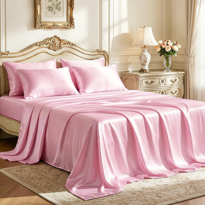 Love's cabin Satin Queen Sheets Set, 4 Pieces, Pink, 15" Deep Pocket